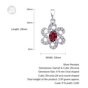 Silver Pendant (Flower shaped) with 6x8mm Oval Garnet Gemstone and small round Cubic Zirconia - Image 3