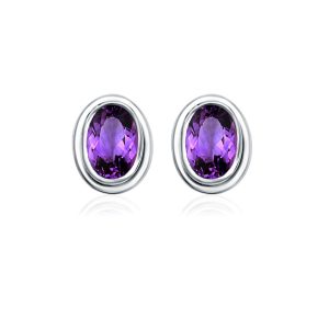 Silver Studs(plain) with 5x7mm Oval Amethyst Gemstone in Band Setting
