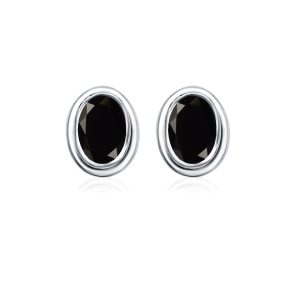 Silver Studs(plain) with 5x7mm Oval Black Onyx Gemstone in Band Setting