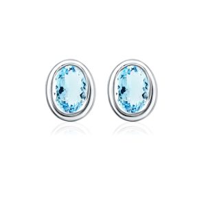 Silver Studs(plain) with 5x7mm Oval Blue Topaz Gemstone in Band Setting