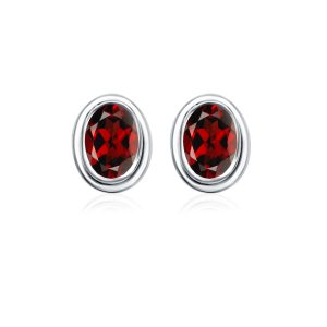 Silver Studs(plain) with 5x7mm Oval Garnet Gemstone in Band Setting