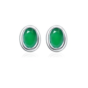 Silver Studs(plain) with 5x7mm Oval Green Onyx Gemstone in Band Setting