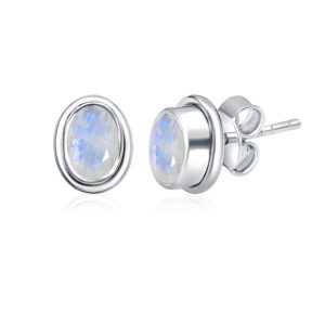 Silver Studs(plain) with 5x7mm Oval Rainbow Moonstone Gemstone in Band Setting - Image 2