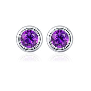 Silver Studs(plain) with 5mm Round Amethyst Gemstone in Band Setting