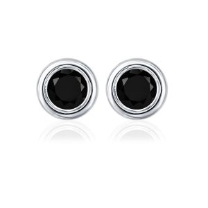 Silver Studs(plain) with 5mm Round Black Onyx Gemstone in Band Setting