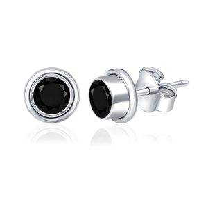Silver Studs(plain) with 5mm Round Black Onyx Gemstone in Band Setting - Image 2