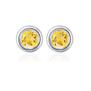 Silver Studs(plain) with 5mm Round Golden Topaz/Citrine Gemstone in Band Setting
