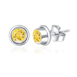 Silver Studs(plain) with 5mm Round Golden Topaz/Citrine Gemstone in Band Setting - Image 2