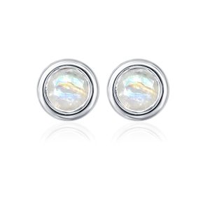 Silver Studs(plain) with 5mm Round Rainbow Moonstone Gemstone in Band Setting