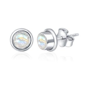 Silver Studs(plain) with 5mm Round Rainbow Moonstone Gemstone in Band Setting - Image 2