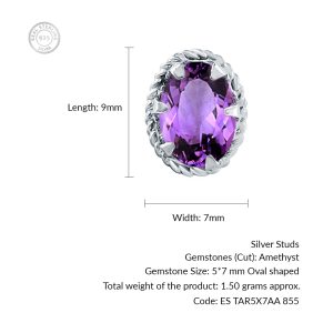 Tar Silver Studs with 5x7mm Oval Amethyst Gemstone - Image 3