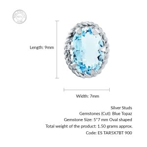 Tar Silver Studs with 5x7mm Oval Blue Topaz Gemstone - Image 3