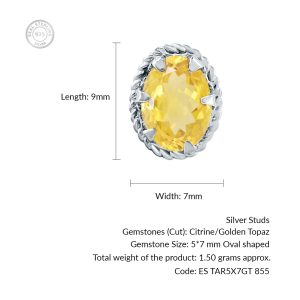 Tar Silver Studs with 5x7mm Oval Golden Topaz Gemstone - Image 3