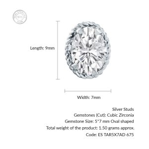 Tar oval cubic zirconia sterling silver studs 7x5 size