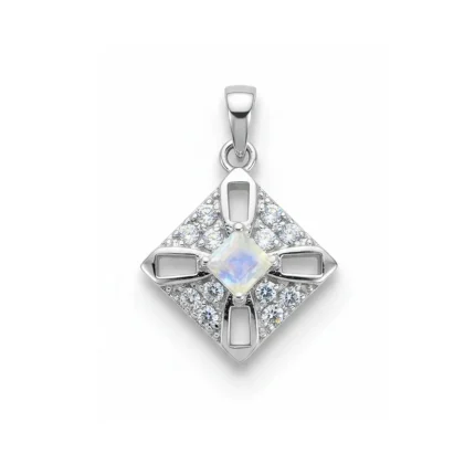 square shaped rainbow moonstone silver pendant
