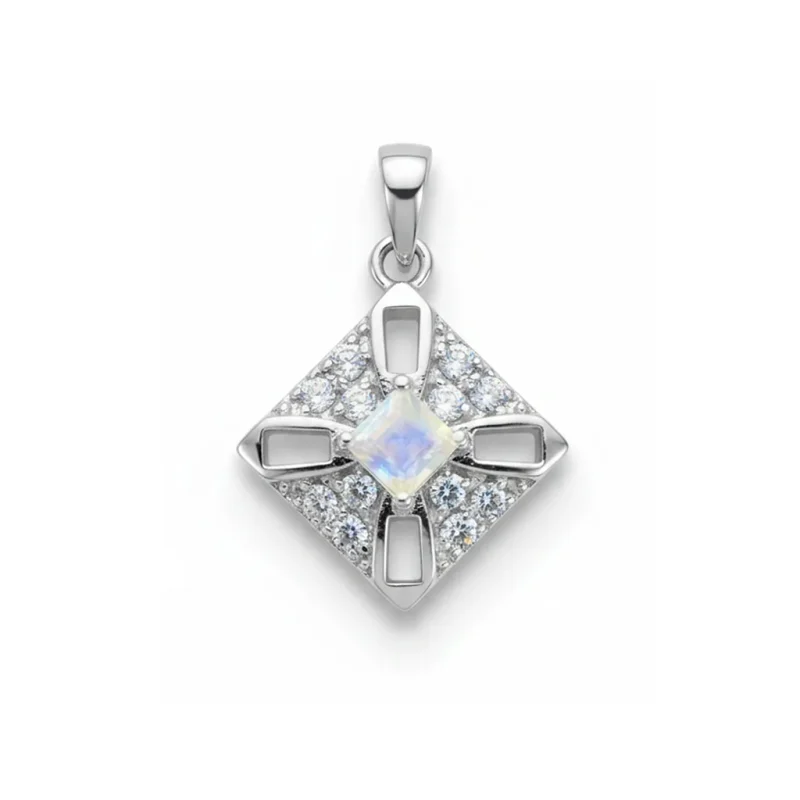 square shaped rainbow moonstone silver pendant