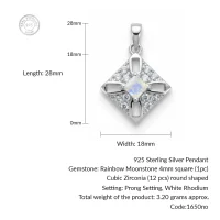 details of the square shaped rainbow moonstone silver pendant