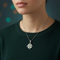 model wearing fancy square shaped rainbow peridot silver pendant with cubic zirconia