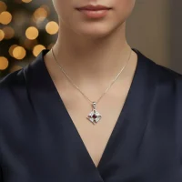 model wearing fancy square shaped garnet silver pendant with cubic zirconia
