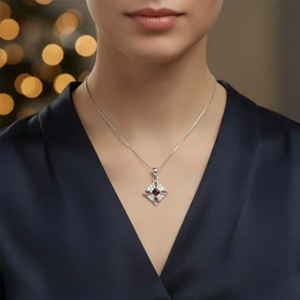 model wearing fancy square shaped garnet silver pendant with cubic zirconia