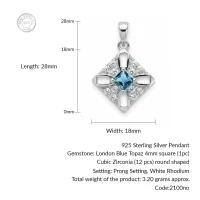 details of the square shaped london blue topaz silver pendant