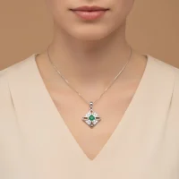 model wearing fancy square shaped green onyx silver pendant with cubic zirconia