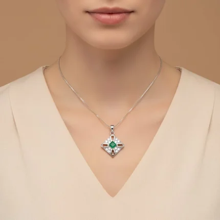 model wearing fancy square shaped green onyx silver pendant with cubic zirconia