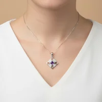 model wearing fancy square shaped amethyst silver pendant with cubic zirconia