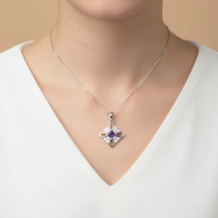 model wearing fancy square shaped amethyst silver pendant with cubic zirconia