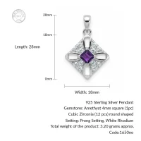 details of the square shaped amethyst silver pendant