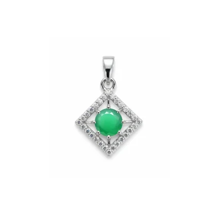 square shaped silver pendant with green onyx & cubic zirconia