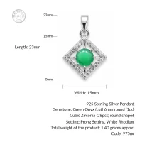 details of square shaped silver pendant with green onyx & cubic zirconia