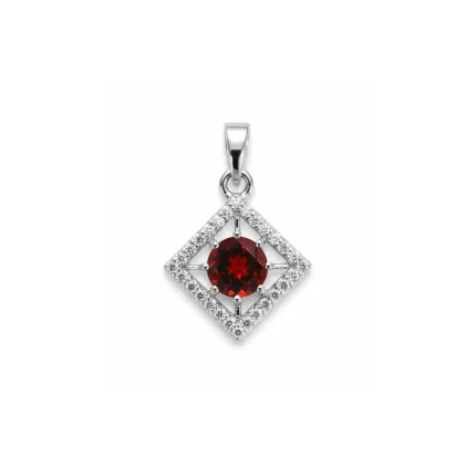 square shaped silver pendant with garnet & cubic zirconia