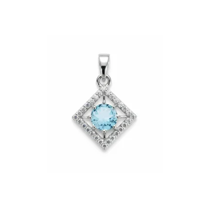 square shaped silver pendant with blue topaz & cubic zirconia