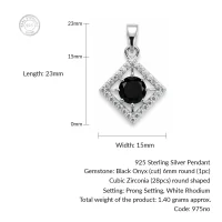 details of square shaped silver pendant with black onyx & cubic zirconia
