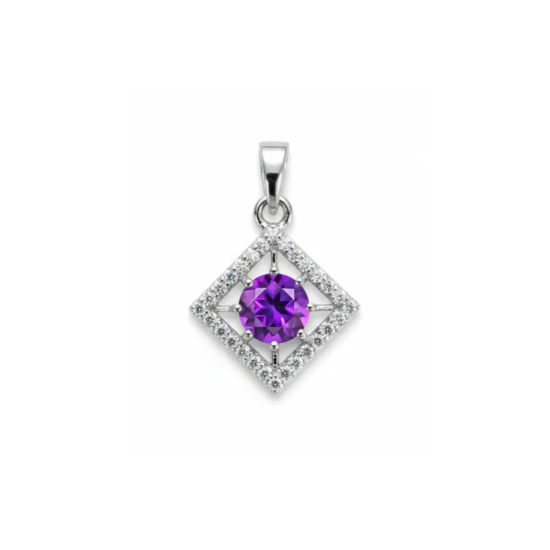 square shaped silver pendant with amethyst & cubic zirconia