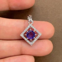 beautifully portraying amethyst and cubic zirconia together creating square shaped silver pendant