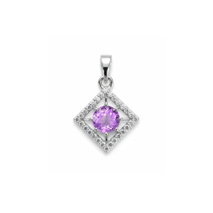 square shaped silver pendant with brazilian amethyst & cubic zirconia