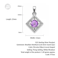 details of square shaped silver pendant with brazilian amethyst & cubic zirconia