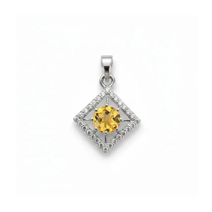 square shaped silver pendant with citrine & cubic zirconia