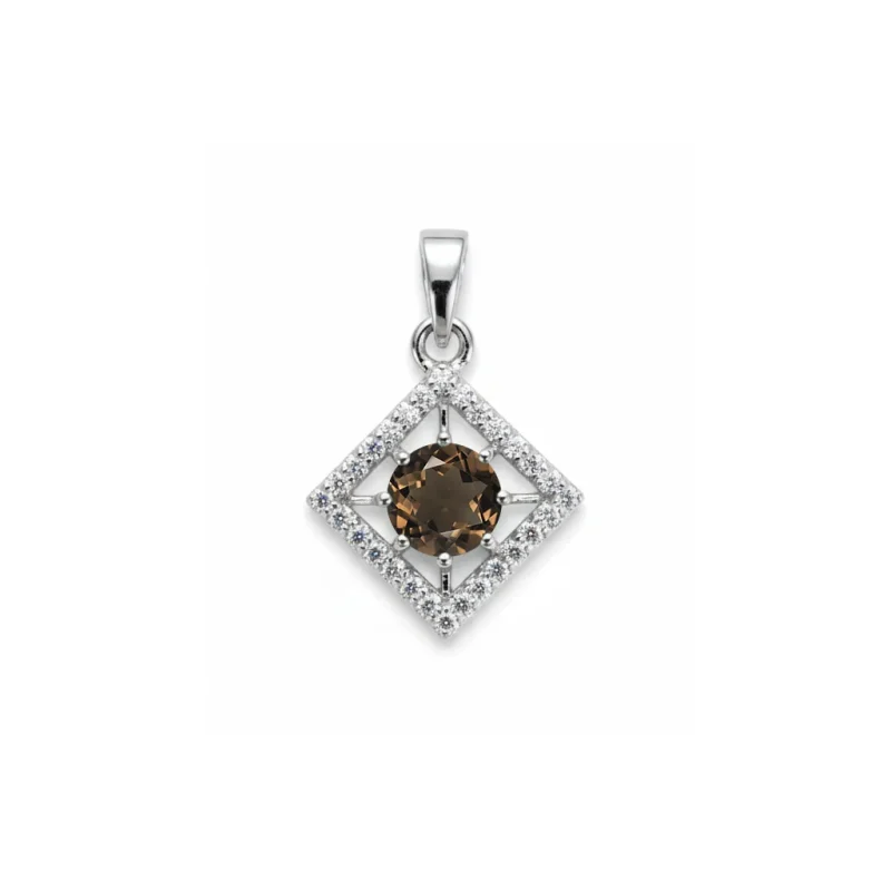 square shaped silver pendant with smoky quartz & cubic zirconia silver pendant