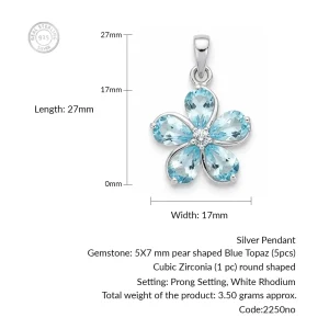 details of the flower shaped blue topaz silver pendant