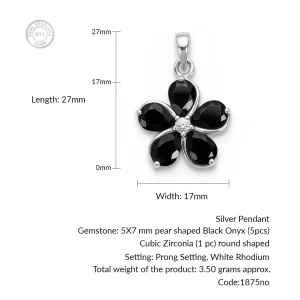 details of the flower shaped black onyx silver pendant