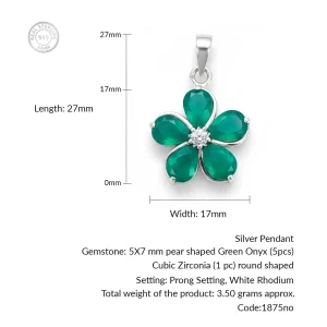details of the flower shaped green onyx silver pendant