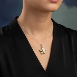 model wearing citrine silver pendant with cubic zirconia