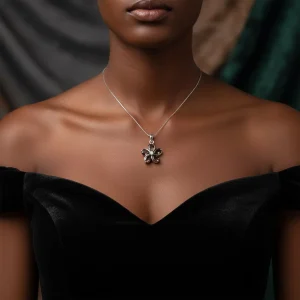 model wearing smoky quartz silver pendant with cubic zirconia