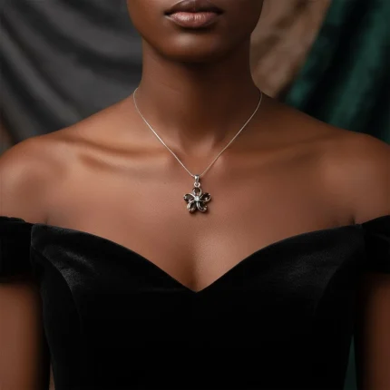 model wearing smoky quartz silver pendant with cubic zirconia