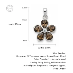 details of the flower shaped smoky quartz silver pendant