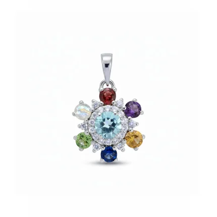 round flower shaped multi gemstone silver pendant