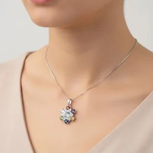 model wearing round flower shaped multi gemstone silver pendant with cubic zirconia